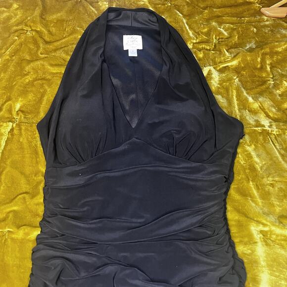 Suzi Chin Womens 4 Silk Halter Midi Dress Ruched Bodice Handkerchief Hem Goth - Picture 9 of 12